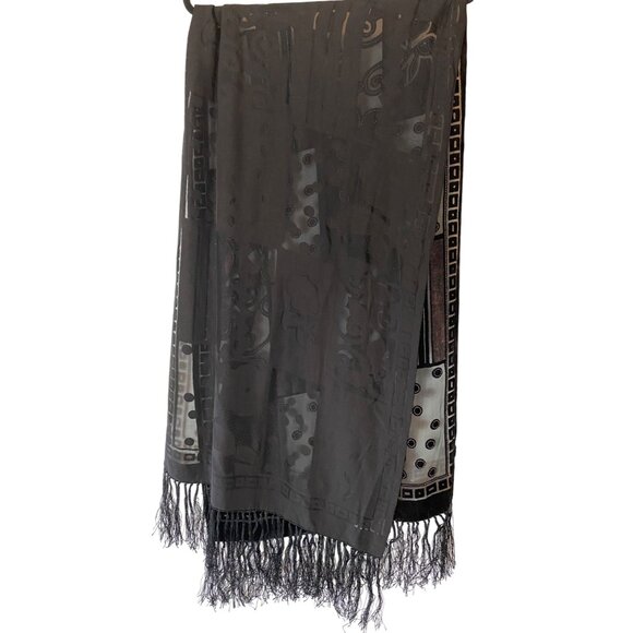 Patchwork Black Fringe Scarf  Geometric & Floral Design Viscose & Silk Blend - Picture 2 of 6